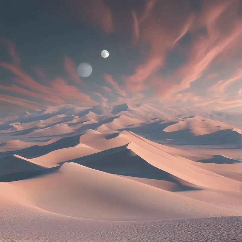 Rolling sand dunes dominate a surreal landscape beneath a twilight sky featuring two distinct moons.
