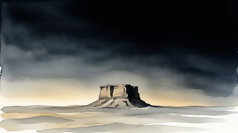 Watercolor of a solitary butte in a desert under a dark sky with a warm yellow glow on the horizon.