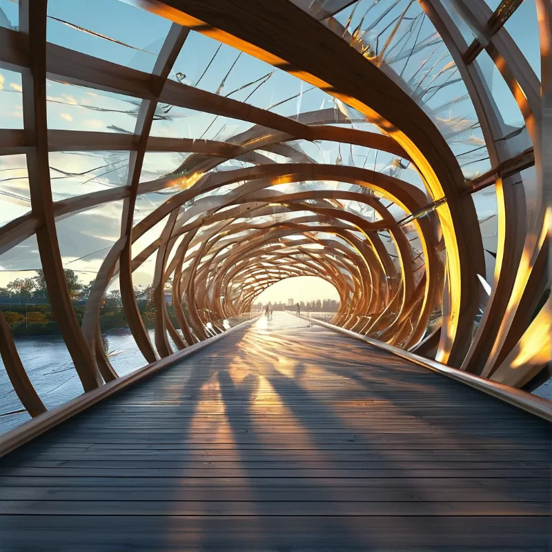 A modern curved wooden walkway with a glass roof extends over a river toward a distant city skyline under a sunset sky.