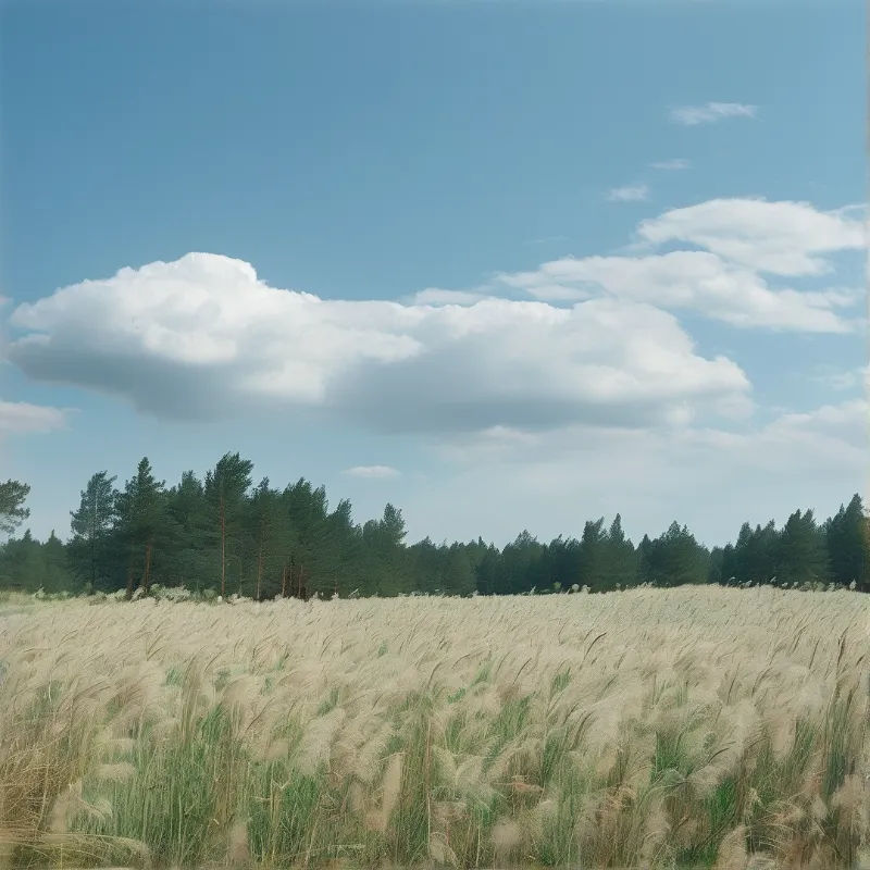 A field of pale plumed grass ripples in front of a dark pine treeline under soft summer clouds