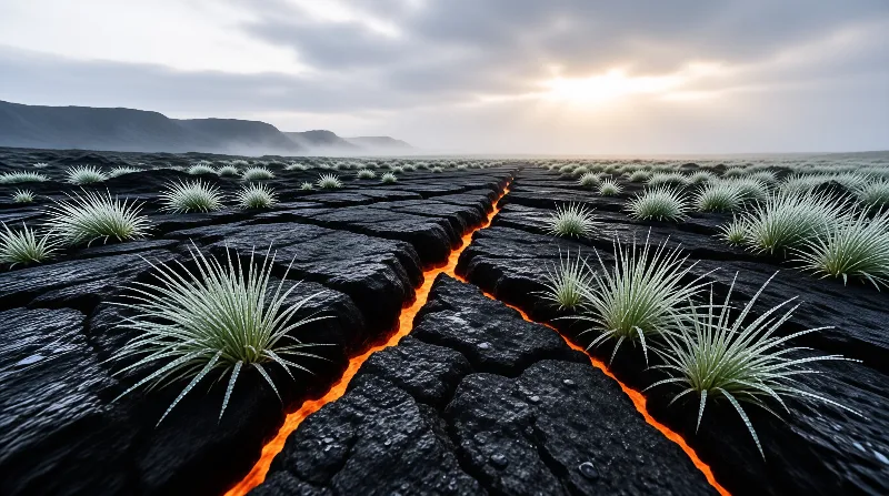 Bright lava fills Y shaped fissures in dark volcanic rock while spiky pale plants dot the plain.
