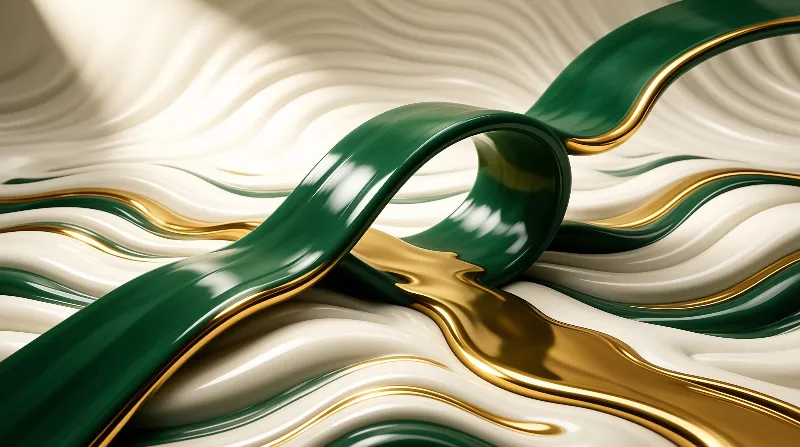 Glossy emerald green and metallic gold shapes intertwine on a smooth undulating cream background with soft lighting