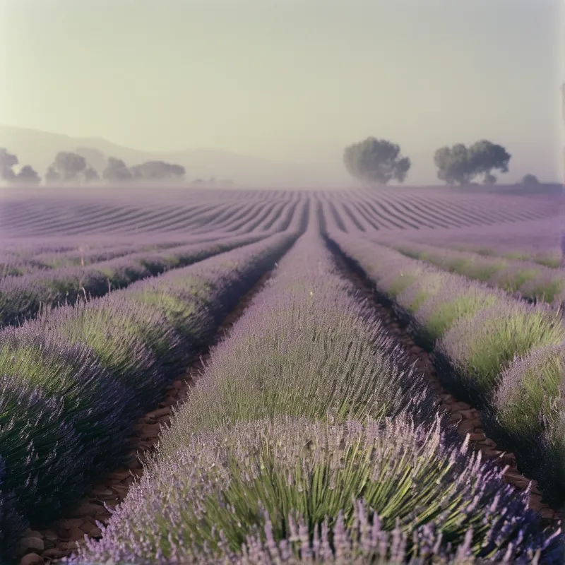 Long rows of blooming lavender guide the eye toward misty hills and isolated trees.