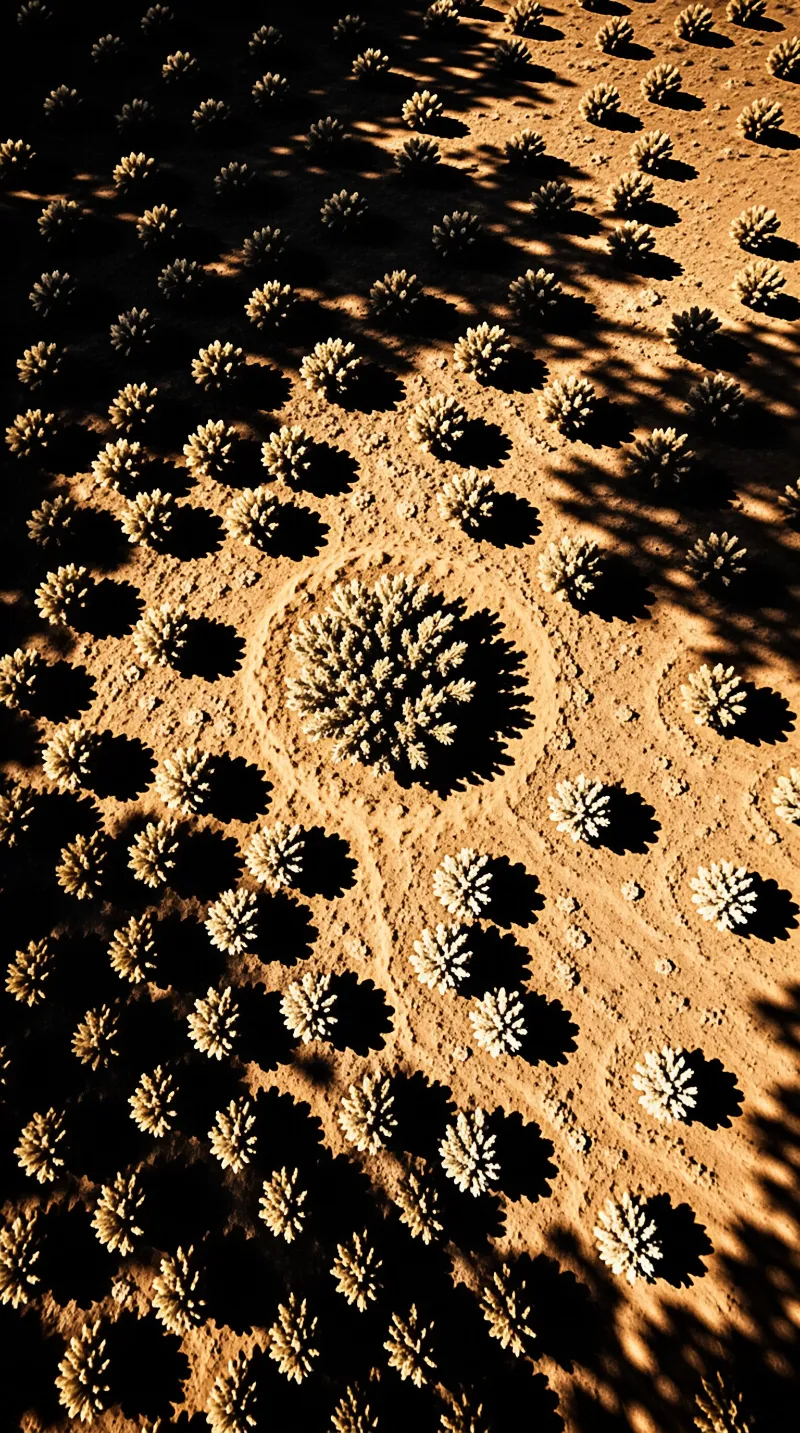 Scattered white plant clusters on sandy terrain with long shadows cast by low sunlight.