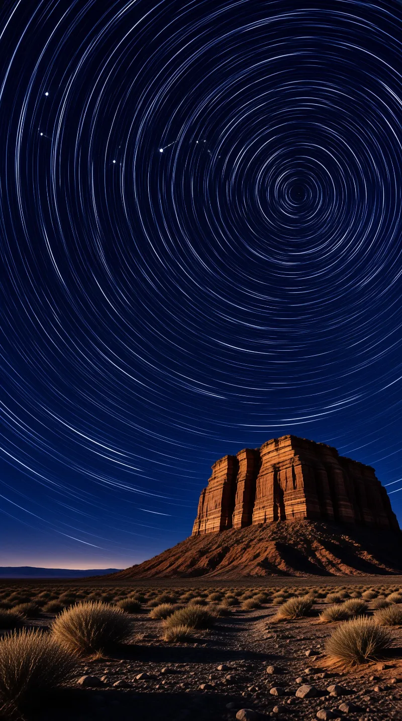 A lit rock formation rises from the desert floor while concentric circles of celestial movement span the deep blue sky above.