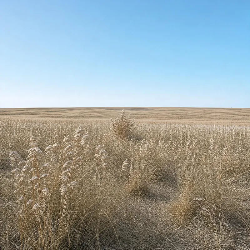 Tall dry grasses spread across a vast open field under a clear blue sky, with soft golden tones and bright sunlight.