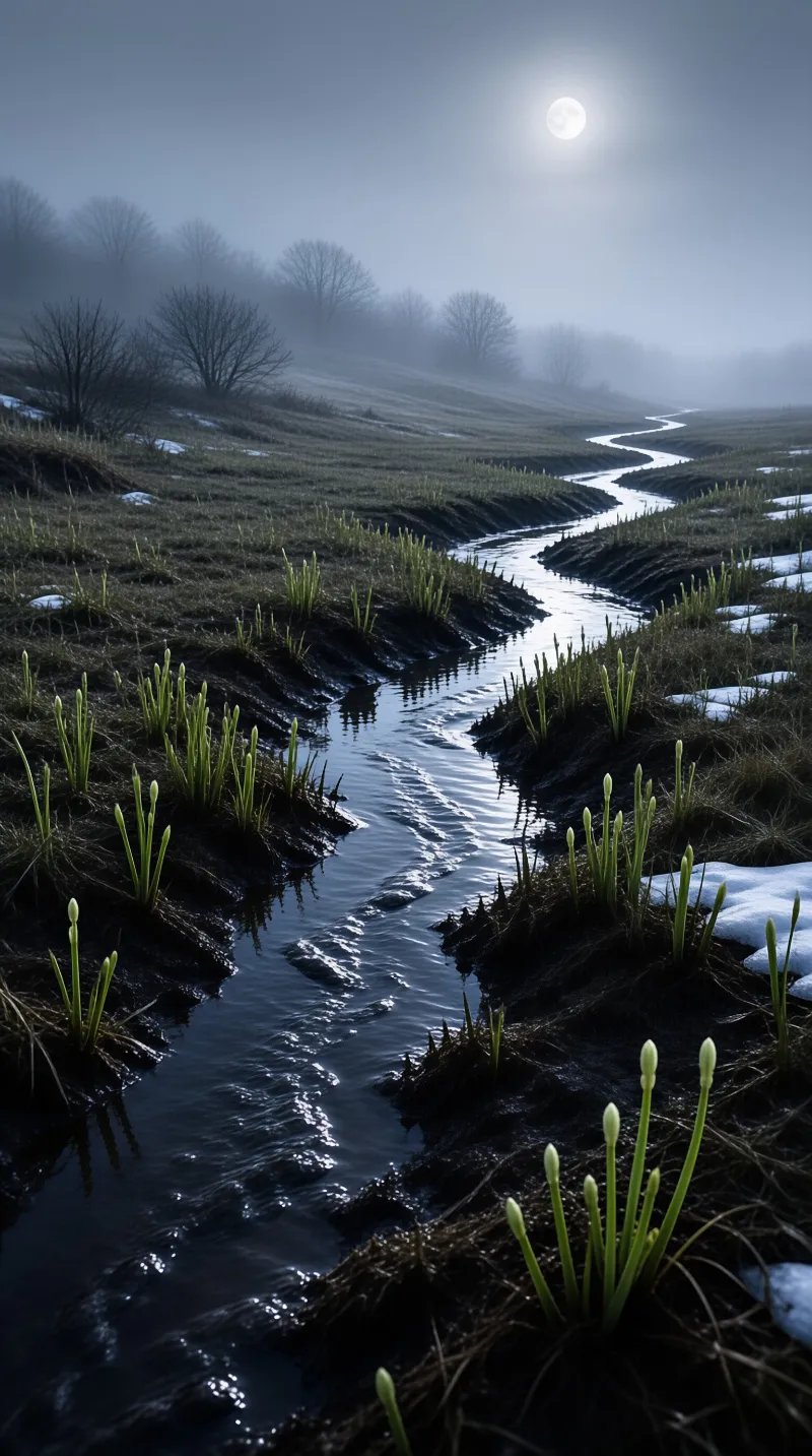 A winding river flows through a misty landscape with green shoots emerging from dark earth and patches of snow visible under a bright moon