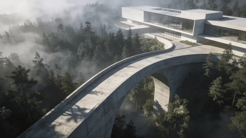 Bridge with Curved Concrete — Misty Forest