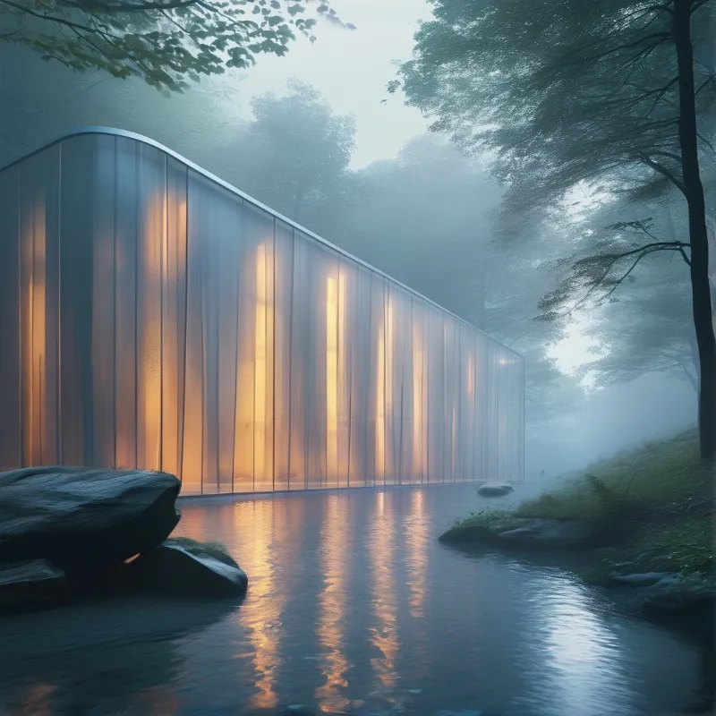 A translucent curved building radiates warm amber light across a still forest pool wrapped in morning fog.