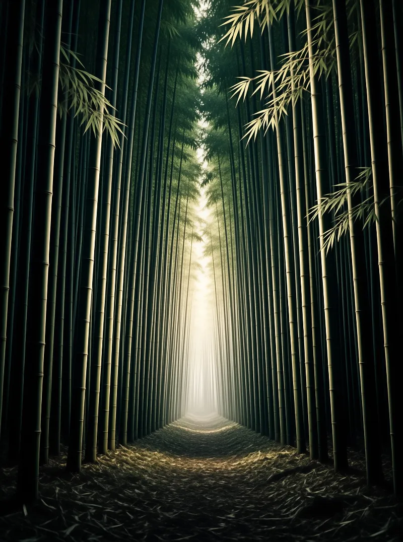 Tall green bamboo stalks line a narrow dirt trail that fades into a glowing haze of daylight.