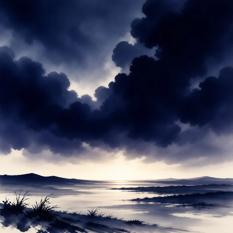 Dark clouds fill the sky above a calm reflective lake with distant hills visible under a break in the storm.