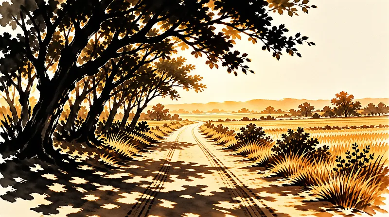 A sepia-toned painting shows a dirt road curving away from dark trees towards bright open fields under a hazy sky.