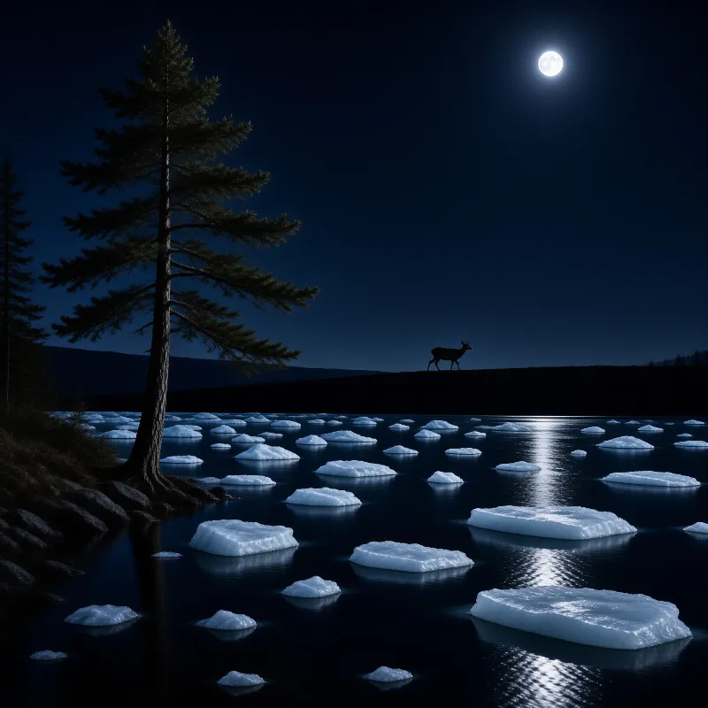 A solitary deer stands on a dark ridge overlooking a river scattered with ice blocks under a bright full moon and tall pine.