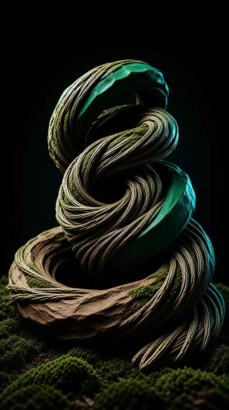 A twisted spiral form made of beige rope and smooth green stone sits upon a patch of dark moss with dramatic lighting.