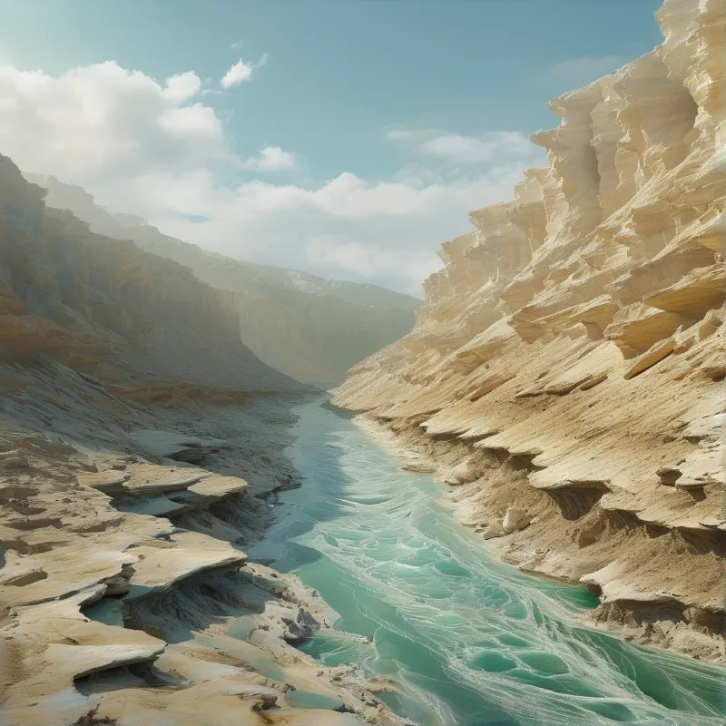 A turquoise river winds through a canyon of layered tan rocks beneath a partly cloudy sky.