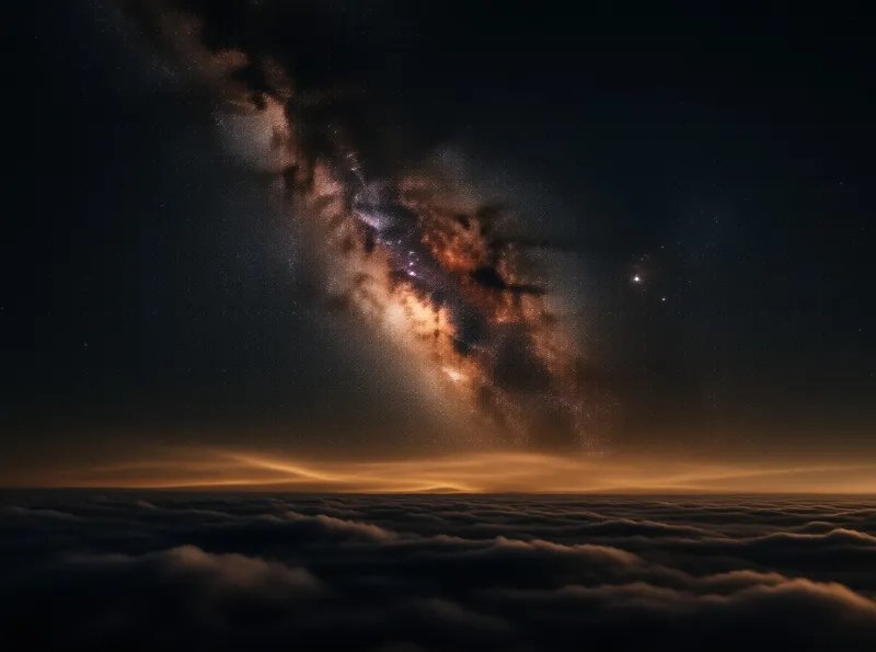 Starry cosmic dust lanes arch across the dark sky above a rolling sea of clouds touched by warm amber light.