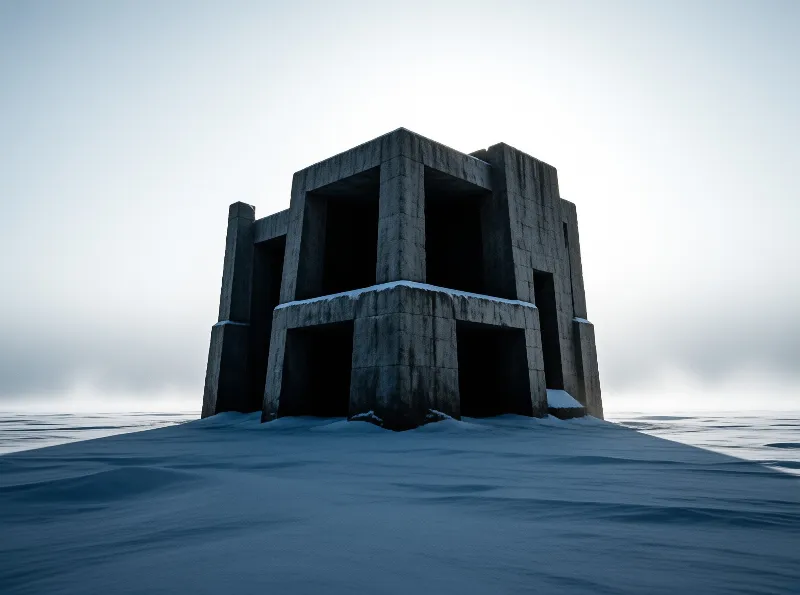A weathered concrete block structure with dark voids stands on wind drifted snow beneath a flat gray sky.