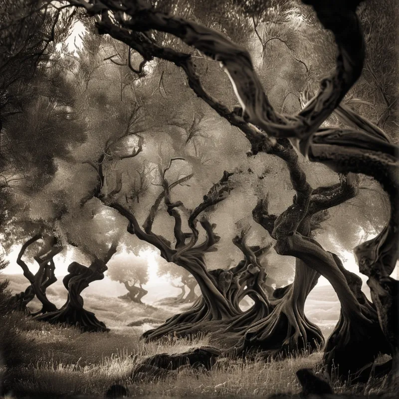 Gnarled ancient trees with contorted trunks rise from a foggy meadow in a monochrome sepia landscape