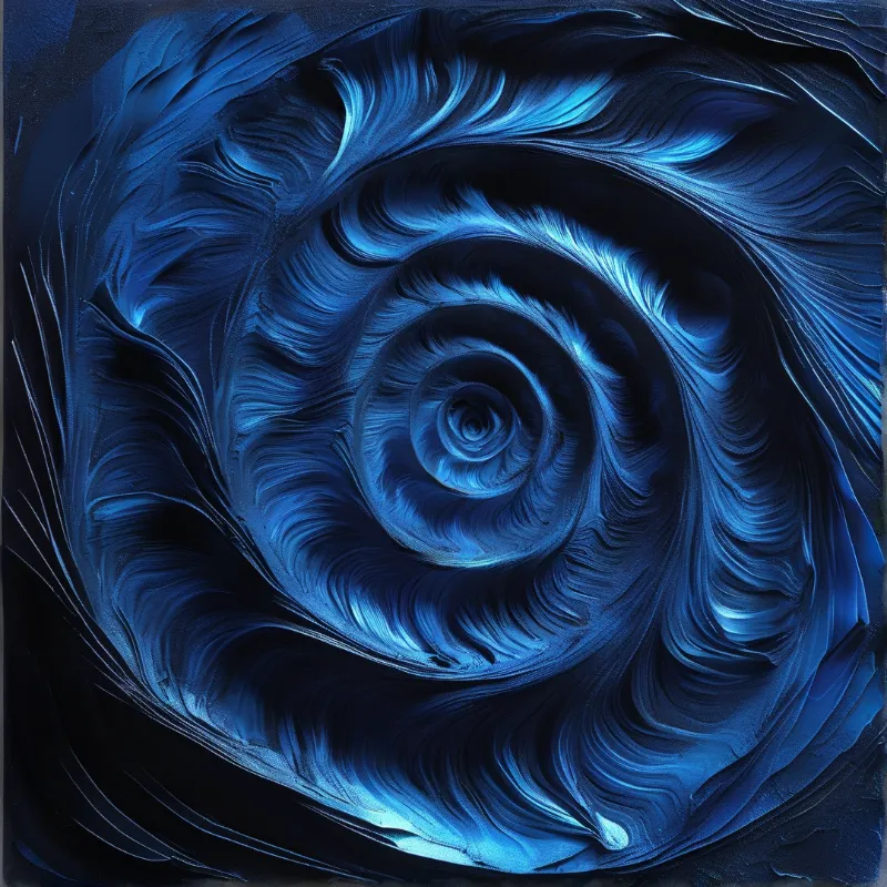 A mesmerizing vortex of deep blue liquid flows inward toward a dark center with bright highlights along the edges.