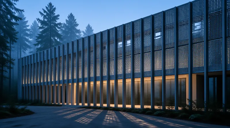 Vertical columns and perforated metal screens glow warmly within a cool blue misty forest setting.