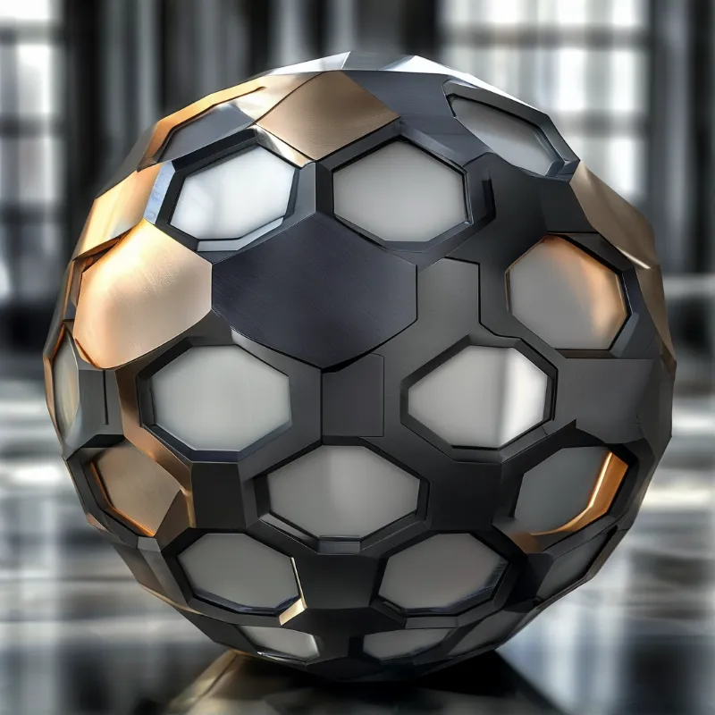 A faceted sphere with brushed dark grey and gold metal faces and frosted hexagonal insets sits on a reflective surface against blurred soft window light.