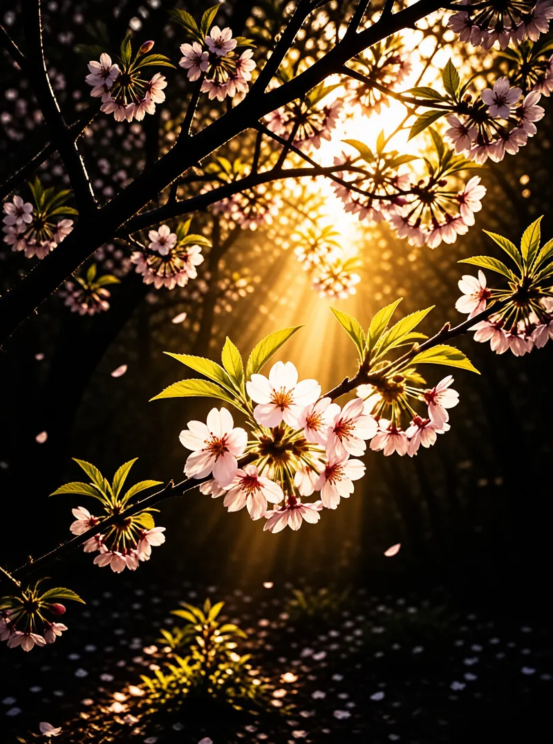 Delicate cherry blossoms bloom on dark branches as intense golden sunlight filters through the leaves above.