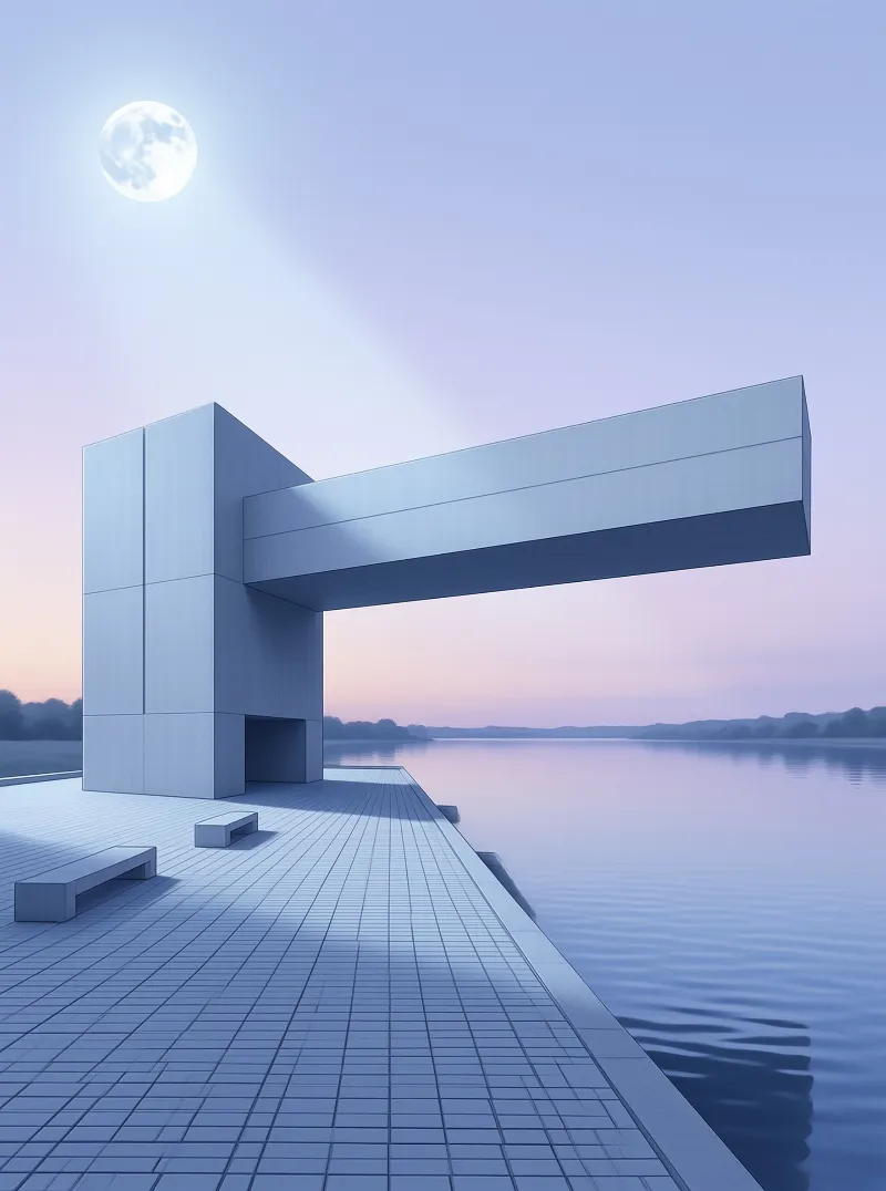A pale blocky shelter with a long horizontal arm stands on a tiled pier facing a glassy lake under a full moon