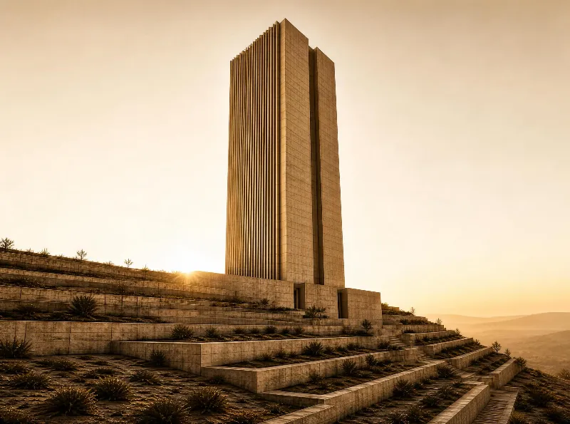 A tall concrete skyscraper stands on a series of terraced stone platforms, surrounded by sparse vegetation, with the warm golden light of sunset illuminating the structure and the hazy landscape beyond.