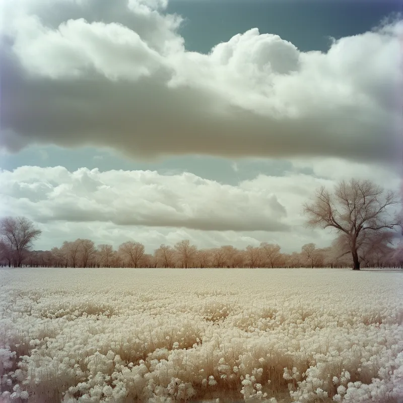 A wide view of white frozen vegetation stretches toward distant bare trees beneath a sky filled with thick swirling clouds.