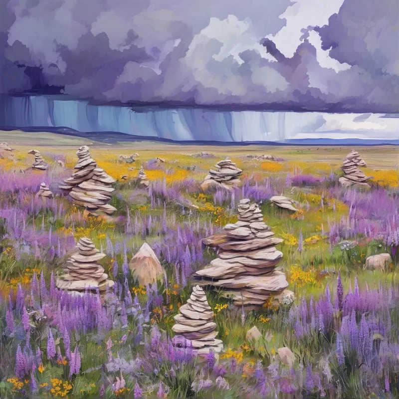 Stacked rock formations stand in a vibrant field of purple wildflowers beneath a dramatic sky with rain.