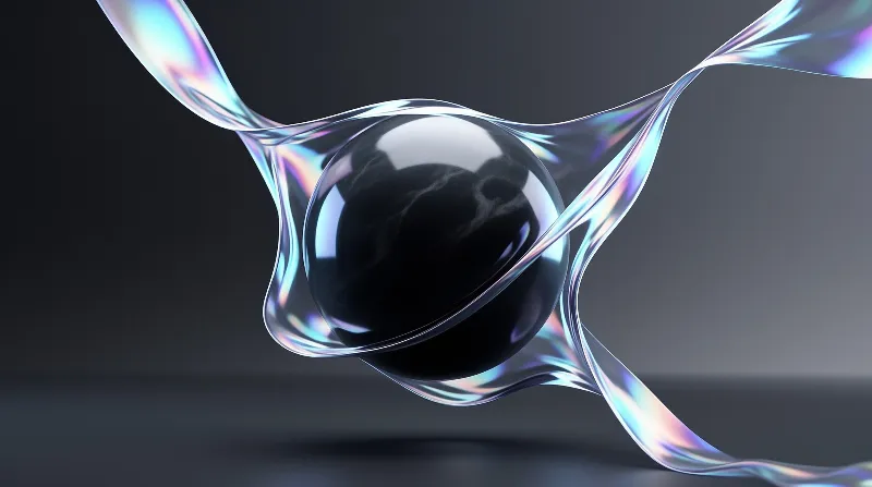 A dark orb sits centered while iridescent glassy tendrils curve around it against a deep gray gradient background.