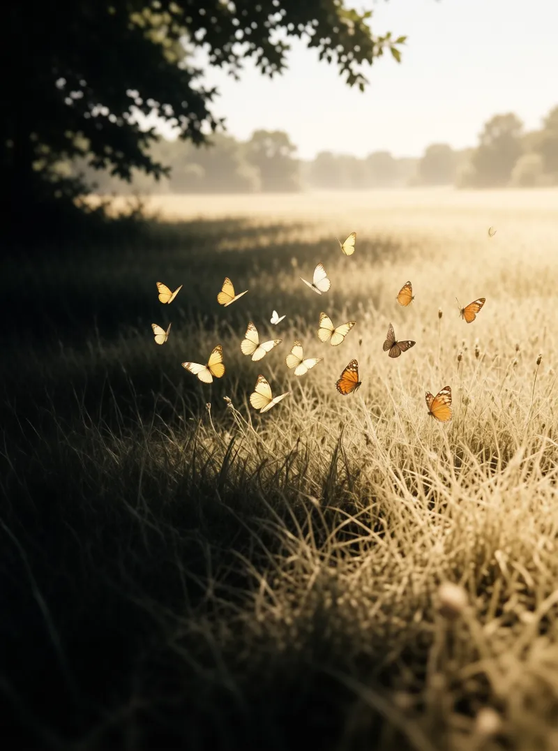 Butterflies drift over a field of tall dry grass illuminated by warm afternoon light with shadows cast on the left.