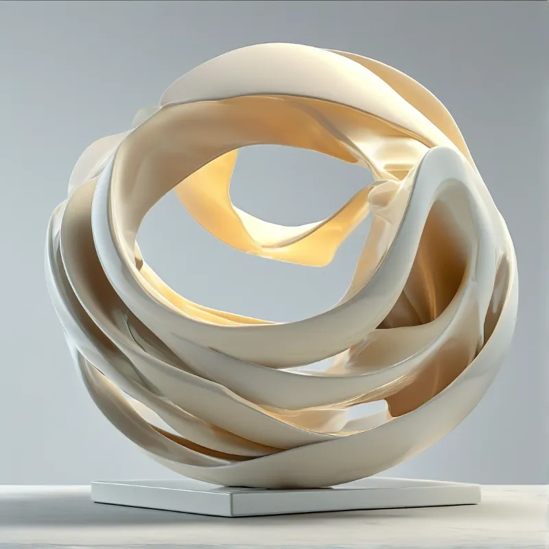 A glossy cream abstract sculpture with interwoven loops sits on a white pedestal against a plain gray studio background.