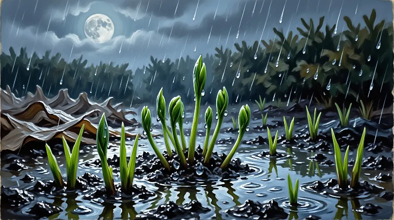 Young green shoots rising from wet dark earth reflect moonlight while heavy rain falls in the background