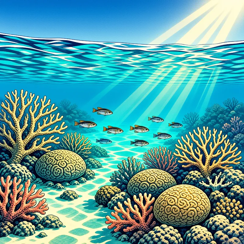 Small fish swim through clear blue water above brain corals and branching formations illuminated by bright sun rays.