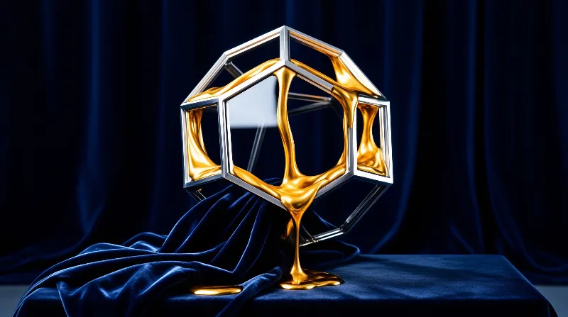 Liquid gold drips through the edges of a chrome dodecahedron resting on deep blue velvet in a dark studio.