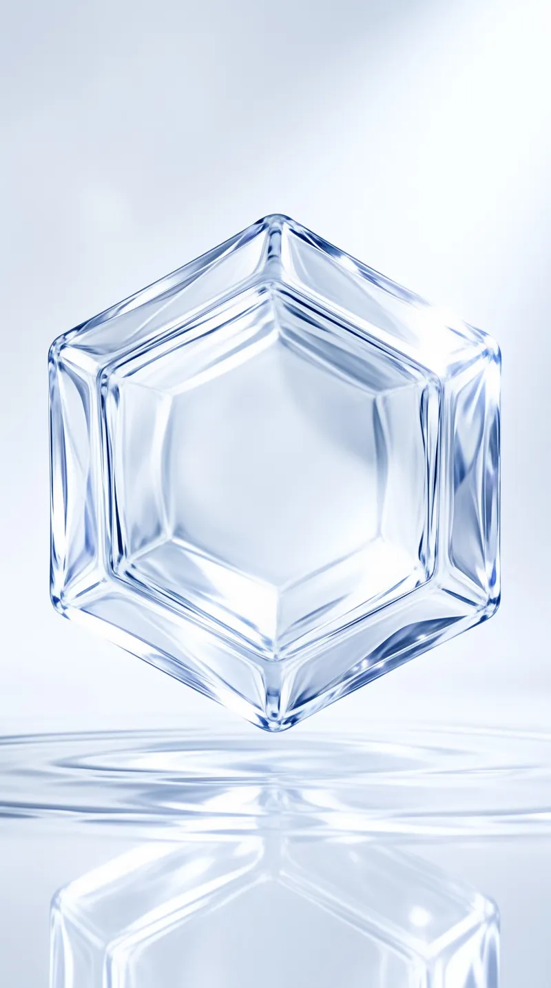A large transparent ice block floats above a rippling water surface, casting a clear reflection in cool blue tones.