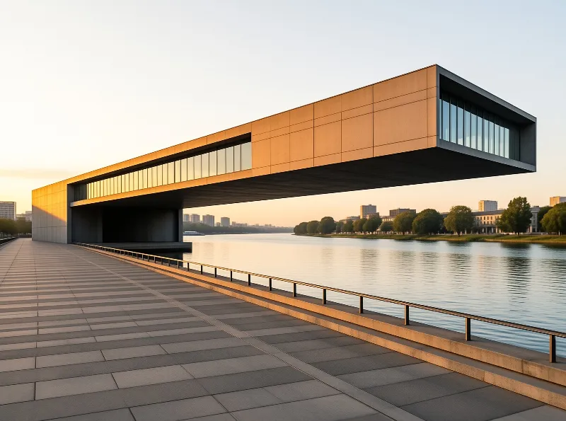 A modern cantilevered building extends over a calm river at sunset with a paved walkway in front.