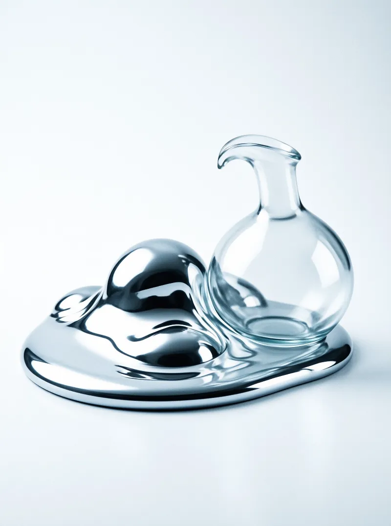 Clear glass vessel with a curved spout sits amidst a pool of reflective silver liquid against a plain white background.