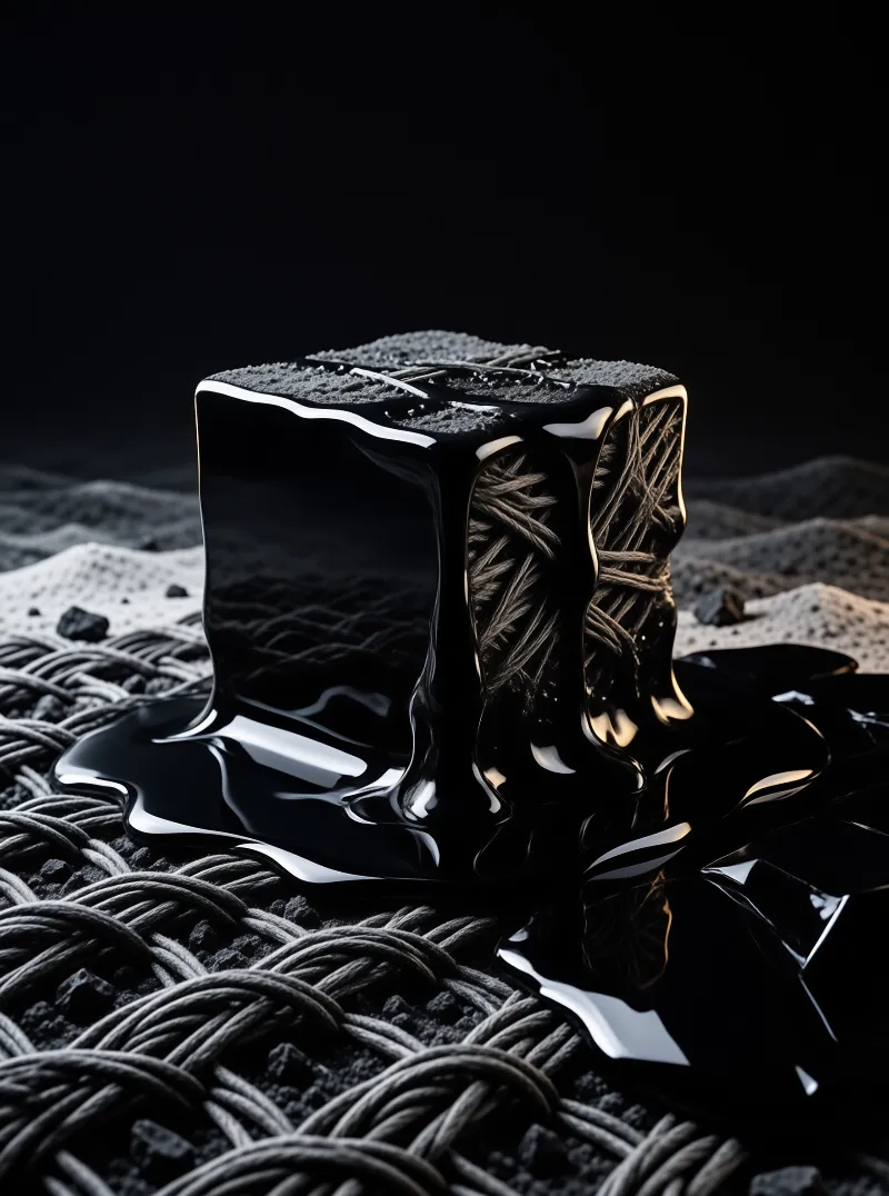 A textured block releases glossy black fluid pooling over twisted braided ropes under bright lighting.