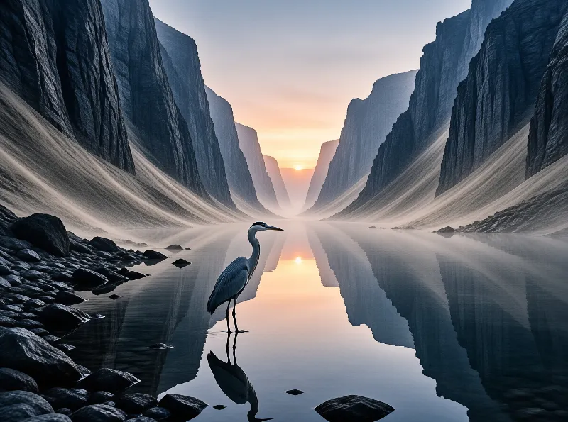 A solitary heron stands in still water mirroring the orange sunset glow between dark rock formations.