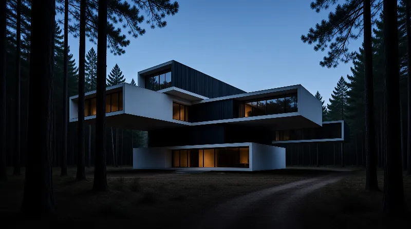 Modern Forest House at Dusk