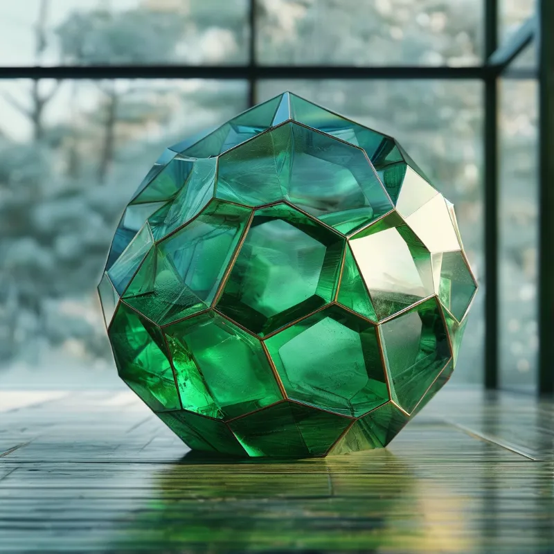 A large emerald green faceted sphere rests on a reflective surface with soft natural light coming through a window.