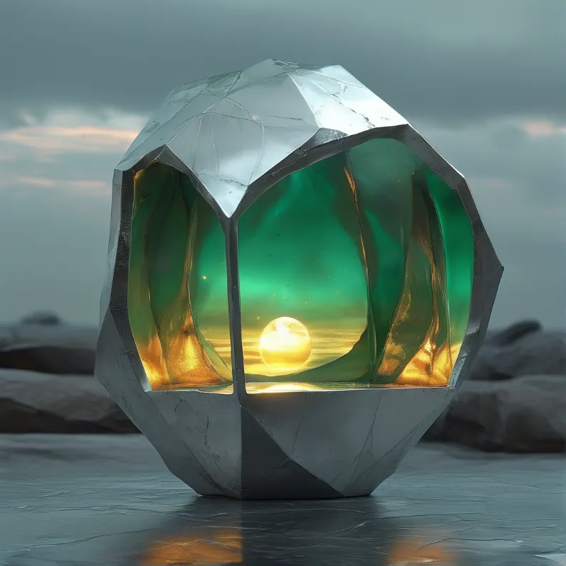 A large faceted stone rests on wet ground, revealing a glowing green interior with a miniature sunset view.