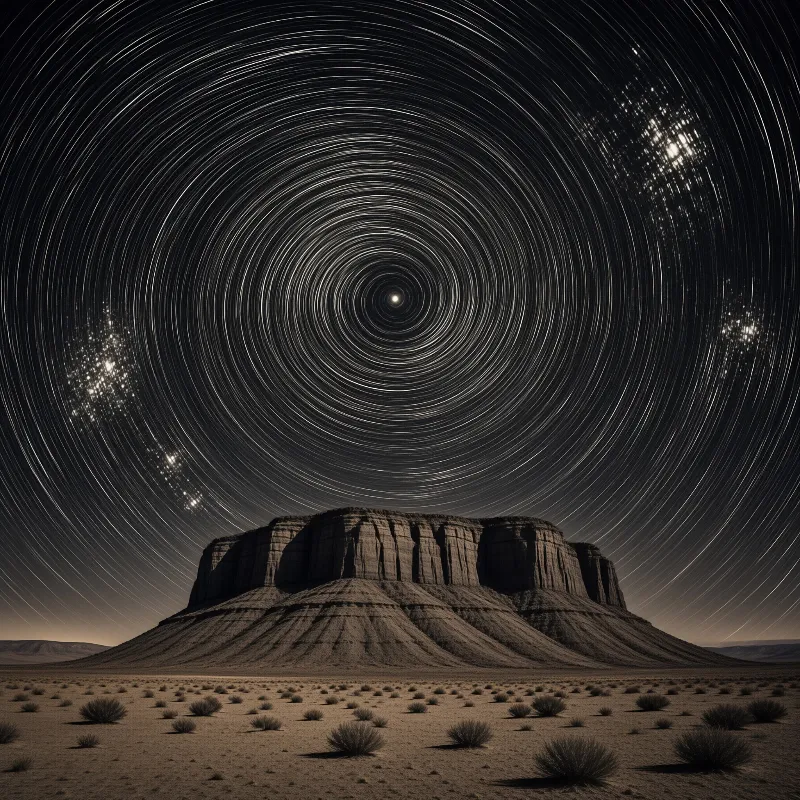 A flat topped mesa stands in a desert landscape beneath long concentric star trail arcs around a bright north star.