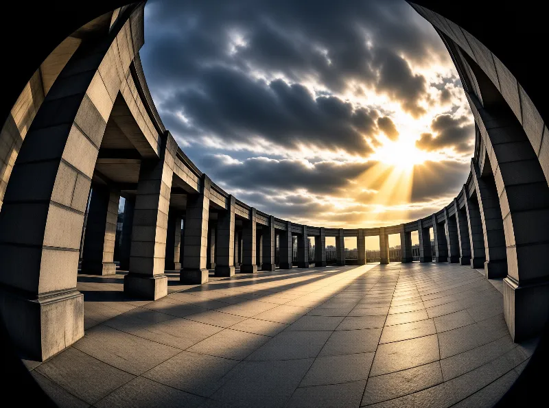 A curved stone colonnade frames a dramatic sky where golden sunbeams break through dark clouds onto the tiled floor.