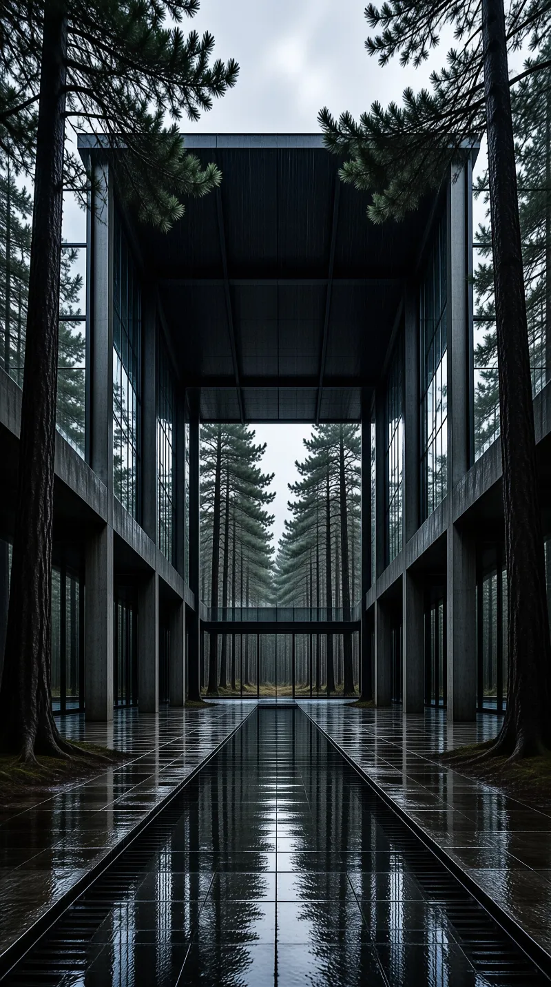 Tall pine trees flank a large glass structure as the wet pavement mirrors the overcast sky and forest surroundings.