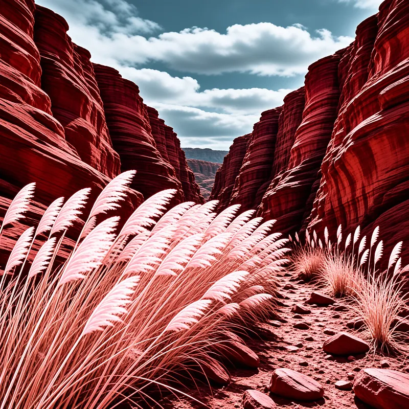 Pale pink grass plumes lean over a sandy trail between towering red rock walls under a blue sky
