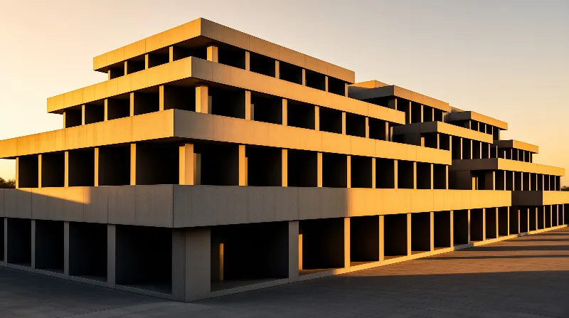 Multi-story concrete parking structure illuminated by golden sunset light casting long shadows on the pavement