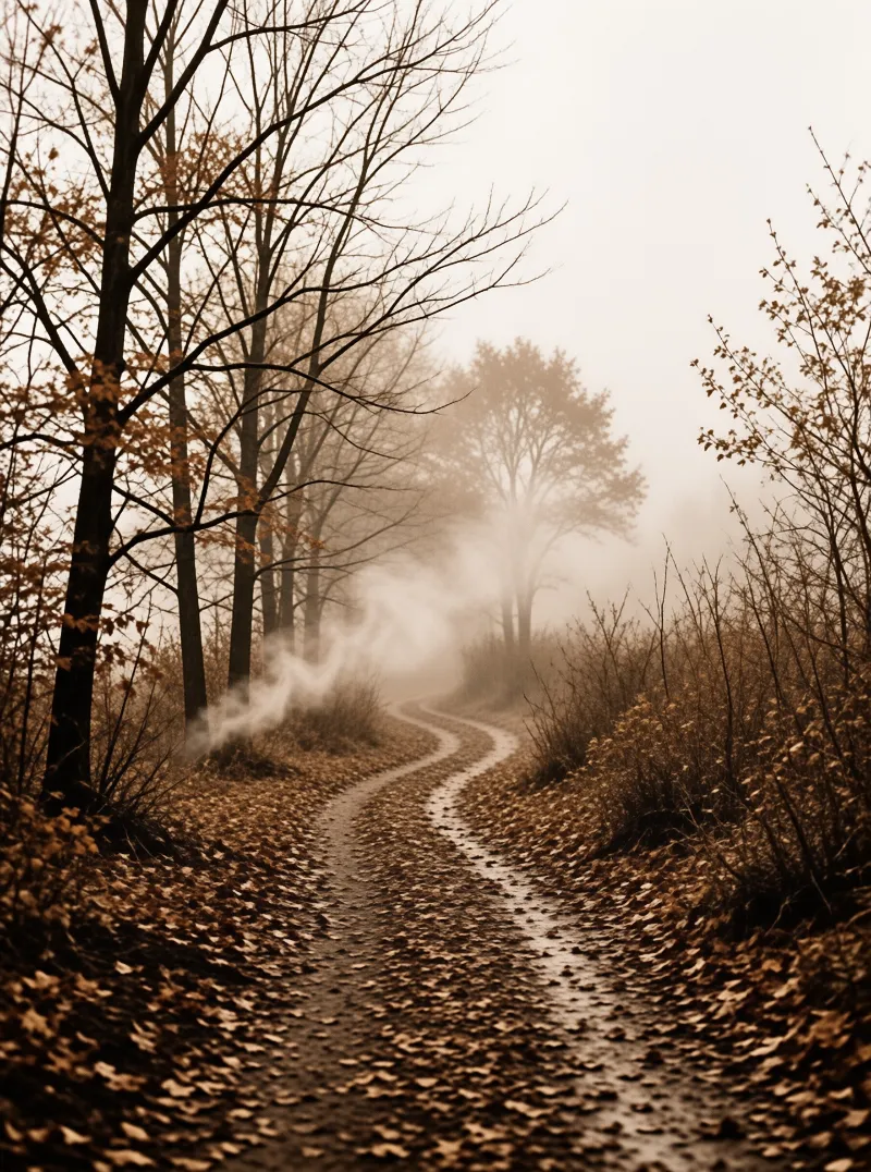 A leaf covered forest trail winds into heavy fog flanked by bare trees and dry brush with the far end obscured by haze.